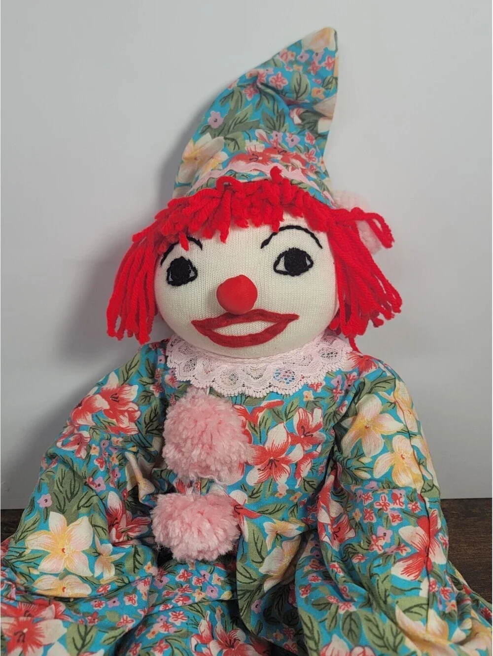 Vintage Handmade Floral Themed Rag Doll Cloth Clown Doll